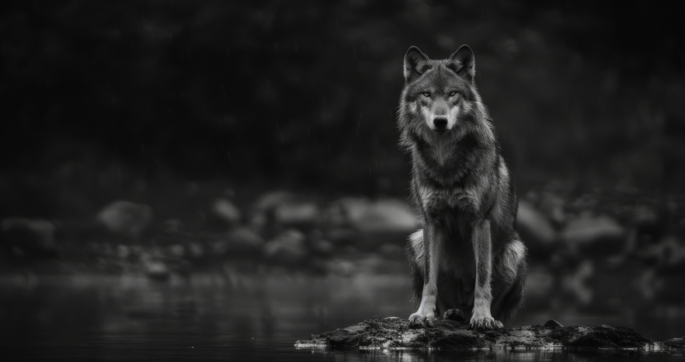 A rare black coyote standing alert in a natural forest setting, showcasing its striking dark fur and piercing eyes