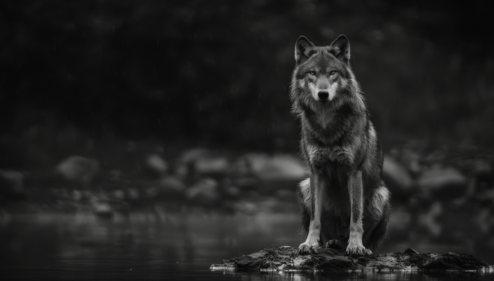 A rare black coyote standing alert in a natural forest setting, showcasing its striking dark fur and piercing eyes