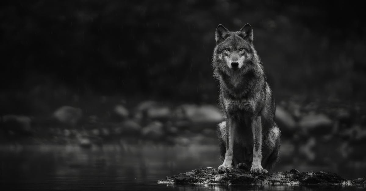 A rare black coyote standing alert in a natural forest setting, showcasing its striking dark fur and piercing eyes